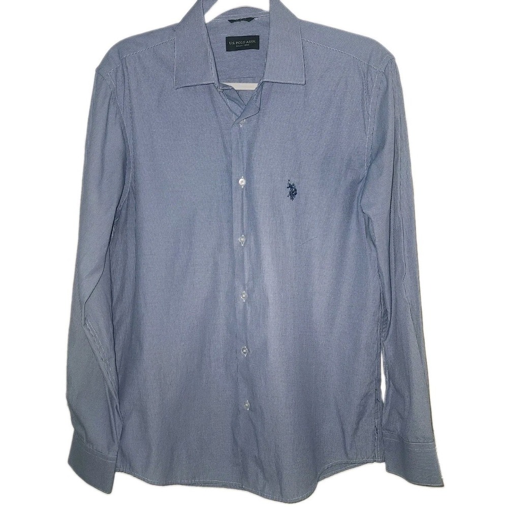 US Polo Assn Mens Blue White Striped Long Sleeve Slim Fit Button Up Shirt Medium